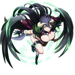Rule 34 | 1girl, albedo (overlord), black hair, breasts, cleavage, cosplay, crossover, demon girl, demon horns, hair between eyes, horns, large breasts, long hair, naga the serpent, naga the serpent (cosplay), official art, revealing clothes, simple background, slayers, smile, white background, yellow eyes