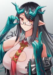 Rule 34 | 1girl, absurdres, arknights, bare shoulders, bespectacled, black-framed eyewear, black hair, breasts, cleavage cutout, clothing cutout, commentary, commission, dress, dusk (arknights), glasses, gradient background, grey background, hands up, highres, horns, large breasts, long hair, looking at viewer, middle finger, midknight 777 (henthaisan), off shoulder, pointy ears, red neckwear, solo, upper body, very long hair, white dress, yellow eyes