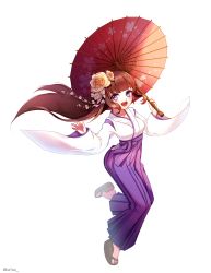 Rule 34 | 1girl, :d, bad id, bad pixiv id, blunt bangs, brown hair, eunyeon, full body, geta, highres, japanese clothes, long hair, oil-paper umbrella, open mouth, purple hair, smile, solo, umbrella, very long hair, wide sleeves