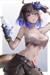 Rule 34 | 1girl, ahoge, arknights, armband, black gloves, black shorts, blue eyes, blue hair, bottle, breasts, brown hair, cleavage, colored inner hair, commentary request, cowboy shot, eunectes (arknights), eunectes (forgemaster) (arknights), gloves, hair between eyes, highres, large breasts, midriff, multicolored hair, navel, official alternate costume, panties, panty peek, pointy ears, shirt, short hair, shorts, simple background, snake tail, solo, tail, tank top, tarutaru yamaoka, thighs, torn clothes, torn shirt, two-tone hair, underwear, water bottle, white background, white tank top