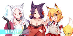 Rule 34 | 3girls, animal ear fluff, animal ears, apron, black gloves, blonde hair, blue fire, blush, breasts, brown apron, brown eyes, chrisandita, cleavage, commentary, commission, double fox shadow puppet, dress, elbow gloves, english commentary, facial mark, fire, flower, forehead, fox ears, fox girl, fox shadow puppet, fox tail, gloves, hair between eyes, hair flower, hair ornament, hand up, hitodama, japanese clothes, kimono, large breasts, long hair, long sleeves, miko, multiple girls, off shoulder, parted bangs, purple hair, red eyes, red flower, red kimono, ribbon-trimmed sleeves, ribbon trim, senko (sewayaki kitsune no senko-san), sewayaki kitsune no senko-san, shiro (sewayaki kitsune no senko-san), short eyebrows, signature, silver hair, simple background, sora (sewayaki kitsune no senko-san), strapless, strapless dress, tail, thick eyebrows, white background, white dress, white kimono, wide sleeves