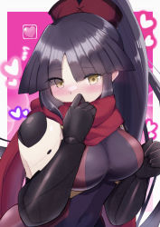 Rule 34 | 1girl, absurdres, black hair, blunt bangs, blush, breasts, covering own mouth, fate/grand order, fate (series), heart, highres, katou danzou (fate), large breasts, long hair, medium breasts, moyashi (pixiv44153669), ninja, pink background, ponytail, purple hair, scarf, symbol-shaped pupils, yellow eyes