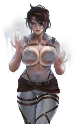 Rule 34 | 1girl, against glass, belt, bikini, bikini top only, breast press, breasts, breasts on glass, brown belt, brown eyes, brown hair, collared shirt, eyepatch, glasses, grey pants, hange zoe, highres, large breasts, looking at viewer, multiple straps, open clothes, open shirt, pants, paradis military uniform, parted lips, see-through, shingeki no kyojin, shirt, short hair, skin tight, swimsuit, thigh gap, underboob, white background, white bikini, white shirt, xixi (xixihenlan ing)