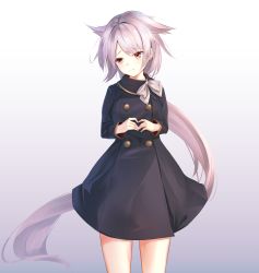 Rule 34 | 1girl, alternate costume, azur lane, bad id, bad pixiv id, black dress, buttons, commentary request, cowboy shot, double-breasted, dress, frown, gradient background, grey background, grey hair, head tilt, highres, ka11 ca, long hair, long sleeves, montpelier (azur lane), ponytail, red eyes, simple background, solo, standing, very long hair