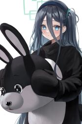 Rule 34 | 1girl, absurdres, animal costume, aris (blue archive), black hair, blue archive, blue eyes, blush, closed mouth, commentary request, cosplay, halo, highres, kigurumi, long hair, looking at viewer, one side up, rabbit costume, ringed eyes, simple background, smile, solo, ttusee5, upper body, very long hair, white background