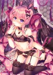 Rule 34 | 1girl, bare shoulders, black bra, black choker, black panties, black thighhighs, bow, bra, breasts, choker, collarbone, detached sleeves, frilled choker, frills, garter belt, gluteal fold, hair bow, hair ornament, hair ribbon, hairband, highres, jewelry, kneeling, lilia chocolanne, lingerie, long hair, looking at viewer, navel, necklace, no shoes, original, panties, panties over garter belt, pink hair, purple eyes, ribbon, side-tie panties, small breasts, solo, stomach, string panties, suzunone rena, thighhighs, thighs, underwear, underwear only, untied panties, very long hair, x hair ornament