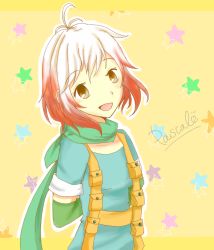 Rule 34 | 1girl, :d, antenna hair, artist request, blue shirt, bob cut, brown eyes, gloves, happy, streaked hair, looking at viewer, multicolored hair, open mouth, pascal (tales), pascal (tales), puffy sleeves, red hair, scarf, shirt, short hair, smile, star (symbol), suspenders, tales of (series), tales of graces, tales of graces f, two-tone hair, white hair