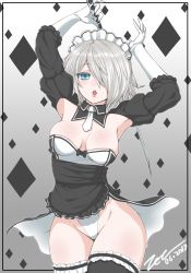 Rule 34 | 1girl, 2017, adapted costume, alternate costume, apron, armpits, arms up, black apron, black thighhighs, blue eyes, breasts, breasts apart, bridal garter, commentary request, contrapposto, cowboy shot, dated, detached sleeves, elbow gloves, enmaided, gloves, groin, hair over one eye, highleg, highleg leotard, hip focus, holding, holding sword, holding weapon, katana, legs together, leotard, lips, long sleeves, looking at viewer, maid, maid apron, maid headdress, maid leotard, medium breasts, mole, mole under mouth, nier:automata, nier (series), one eye covered, open mouth, pink lips, puffy detached sleeves, puffy sleeves, scarlet zel, short hair, showgirl skirt, signature, silver hair, solo, standing, strapless, strapless leotard, sword, teeth, thighhighs, unconventional maid, upper teeth only, vambraces, waist apron, weapon, white gloves, white leotard, 2b (nier:automata)