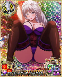 Rule 34 | 1girl, blue bow, blush, bow, braid, breasts, card (medium), chess piece, cleavage, embarrassed, female focus, frilled thighhighs, frills, garter straps, grayfia lucifuge, grey eyes, grey hair, hair bow, high school dxd, lace, lace-trimmed legwear, lace trim, large breasts, lingerie, long hair, looking at viewer, maid headdress, matching hair/eyes, official art, queen (chess), red lips, solo, teddy (lingerie), thighhighs, twin braids, underwear, underwear only