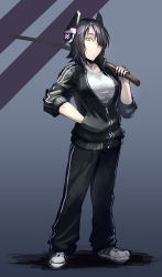 Rule 34 | 10s, 1girl, alternate costume, black hair, bokken, eyepatch, hair over one eye, hand in pocket, headgear, hetza (hellshock), jacket, kantai collection, open clothes, open jacket, over shoulder, pants, personification, purple hair, shirt, shoes, short hair, sleeves pushed up, sneakers, solo, sword, t-shirt, tenryuu (kancolle), track jacket, track pants, track suit, unzipped, weapon, weapon over shoulder, wooden sword, yellow eyes