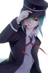 Rule 34 | 1boy, angel beats!, black headwear, black jacket, chikuwa savy, commentary request, green hair, hair over one eye, hand on headwear, highres, jacket, long sleeves, looking at viewer, male focus, medium hair, naoi ayato, neck ribbon, open clothes, open jacket, orange eyes, parted lips, red ribbon, ribbon, school uniform, shirt, simple background, solo, upper body, white background, white shirt, wing collar