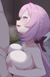 Rule 34 | 1boy, 1girl, blue eyes, blurry, blurry background, blush, breasts squeezed together, breasts, chapa kari, collarbone, elysia (honkai impact), from side, hair ornament, hetero, honkai (series), honkai impact 3rd, large breasts, long hair, nipples, open mouth, paizuri, pink hair, pink pupils, pointy ears, solo focus