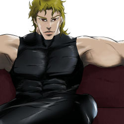 Rule 34 | 1boy, abs, armpits, arms up, bare shoulders, black tank top, blonde hair, dio brando, earrings, gold earrings, jewelry, jojo no kimyou na bouken, muscular, muscular male, outstretched arms, pectorals, red eyes, spread arms, tank top, yellow eyes