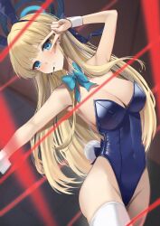 Rule 34 | 1girl, absurdres, amane sora, animal ears, arm up, bare shoulders, blonde hair, blue archive, blue bow, blue eyes, blue hairband, blue leotard, blurry, bow, bowtie, braid, breasts, cleavage, covered navel, depth of field, detached collar, ear piercing, fake animal ears, groin, hairband, halo, highleg, highleg leotard, highres, leotard, long hair, looking at viewer, medium breasts, microphone, official alternate costume, official alternate hairstyle, parted lips, piercing, playboy bunny, rabbit ears, rabbit tail, red ribbon, ribbon, solo, tail, thighhighs, thighs, toki (blue archive), toki (bunny) (blue archive), v over eye, very long hair, white thighhighs, wrist cuffs