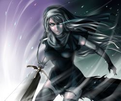 Rule 34 | 1girl, blonde hair, breasts, claymore (series), claymore (sword), female focus, galatea, gluteal fold, gradient background, large breasts, long hair, nun, raite, snow, solo, sword, thighhighs, thighs, weapon