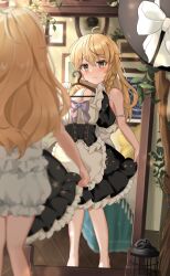 Rule 34 | 1girl, ahoge, apron, black hat, black skirt, black vest, blonde hair, bloomers, blush, closed mouth, frilled apron, frilled skirt, frills, hair between eyes, hat, highres, kirisame marisa, long hair, mirror, skirt, solo, touhou, trying on clothes, underwear, vest, waist apron, wheat retzel, white apron, witch hat, yellow eyes