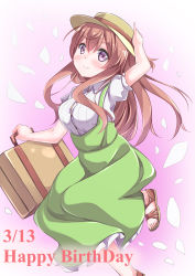 Rule 34 | 1girl, absurdres, arm up, blush, breasts, brown hair, buttons, carrying, closed mouth, collared shirt, commentary request, dated, dress, english text, frilled dress, frills, full body, getou, gochuumon wa usagi desu ka?, gradient background, green dress, hand on headwear, happy birthday, hat, highres, holding, hoto mocha, large breasts, leg up, long hair, looking at viewer, no legwear, petals, pink background, pinky out, puffy short sleeves, puffy sleeves, purple eyes, sandals, shirt, short sleeves, sidelocks, sleeveless, sleeveless dress, smile, solo, standing, standing on one leg, suitcase, two-tone background, white background, white shirt, yellow hat