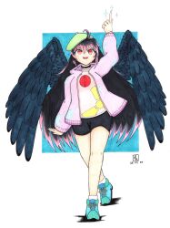 Rule 34 | 1girl, absurdres, alternate costume, beret, black hair, black shorts, black wings, blue background, blue footwear, commentary, dated, english commentary, full body, green headwear, hat, highres, index finger raised, jacket, long hair, long sleeves, looking at viewer, open mouth, radiation symbol, red eyes, reiuji utsuho, shorts, signature, solo, teeth, thatkirisame, touhou, upper teeth only, wings