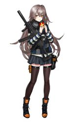 Rule 34 | 1girl, black footwear, black scarf, black skirt, black thighhighs, blush, boots, brown eyes, closed mouth, crossed bangs, full body, gift, girls&#039; frontline, grey hair, gun, h&amp;k ump, hair between eyes, hands up, heckler &amp; koch, holding, holding gift, holding gun, holding weapon, long hair, looking at viewer, miniskirt, official alternate costume, one side up, pleated skirt, scar, scar across eye, scar on face, scarf, simple background, skirt, smile, solo, standing, striped clothes, striped scarf, striped sweater, submachine gun, sweater, thighhighs, ump45 (&quot;just this time.&quot;) (girls&#039; frontline), ump45 (girls&#039; frontline), valentine, very long hair, weapon, white background, zagala, zettai ryouiki