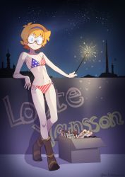 Rule 34 | 1girl, absurdres, american flag bikini, arikindows10, artist name, bikini, blue eyes, boots, character name, closed mouth, fireworks, flag print, freckles, glasses, hairband, highres, holding fireworks, little witch academia, looking at viewer, lotte jansson, navel, night, night sky, orange hair, short hair, side-tie bikini bottom, signature, sky, smile, solo, sparkler, standing, star (sky), starry sky, swimsuit