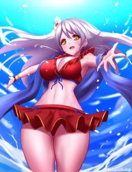 Rule 34 | 1girl, bare shoulders, bikini, bikini skirt, blue scarf, blue sky, breasts, cleavage, cowboy shot, fingerless gloves, fire emblem, fire emblem: radiant dawn, fire emblem heroes, flower, foreshortening, from below, gloves, grey hair, hair flower, hair ornament, half updo, highres, jaxdrawz, large breasts, long hair, looking at viewer, looking down, micaiah (fire emblem), navel, nintendo, official alternate costume, outstretched arms, red bikini, red gloves, ribbon, scarf, sky, solo, spread arms, sunlight, swimsuit, towel, twitter username, water, yellow eyes