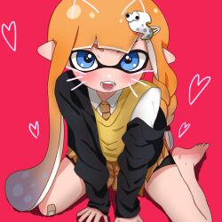 Rule 34 | 1girl, bandaid, bandaid on knee, bandaid on leg, barefoot, blue eyes, blush, braid, collared shirt, fake whiskers, feet, female focus, from above, hair ornament, hairclip, heart, highres, inkling, inkling girl, inkling player character, jacket, kiruha, long hair, long sleeves, looking at viewer, necktie, nintendo, open clothes, open jacket, open mouth, orange hair, pink background, plaid, plaid skirt, pleated skirt, pointy ears, shadow, shirt, simple background, single braid, sitting, skirt, solo, splatoon (series), spread legs, sweater vest, teeth, tentacle hair, very long hair, whiskers, white shirt