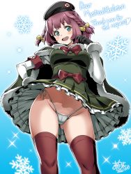 Rule 34 | 1girl, beatriz (metal slug), blush, braid, breasts, cape, clothes lift, coat, commission, dress, gloves, green dress, green eyes, groin, highres, looking at viewer, macaroni hourensou, metal slug, metal slug attack, panties, purple hair, red ribbon, red thighhighs, ribbon, side-tie panties, skeb commission, skirt, skirt lift, smile, snow, solo, thighhighs, thighs, twin braids, underwear, wind, wind lift, winter clothes, winter coat