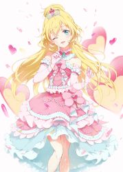 Rule 34 | 10s, 1girl, absurdres, aikatsu!, aikatsu! (series), aikatsu stars!, aqua eyes, blonde hair, blush, bow, bracelet, brooch, commentary request, detached collar, dress, earrings, elbow gloves, frilled dress, frilled gloves, frills, gem, gloves, hair bun, heart, heart earrings, highres, index finger raised, jewelry, lace, lace legwear, layered dress, long hair, looking at viewer, nghrstst, one eye closed, open mouth, pearl (gemstone), pink bow, pink dress, pink gloves, shiratori hime, single hair bun, solo, strapless, strapless dress, tiara