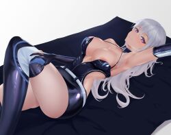 Rule 34 | absurdres, arm up, armpits, ass, azur lane, bare shoulders, black dress, blush, boots, breasts, clothes pull, detached collar, dress, dress pull, elbow gloves, enterprise (azur lane), enterprise (wind catcher) (azur lane), gloves, hair between eyes, hand on own thigh, heart, heart-shaped pupils, highres, knee boots, knee up, lao yuan zhang, large breasts, legs, long hair, lying, midriff, midriff peek, nipple slip, nipples, no bra, on back, on bed, one breast out, parted lips, partially unzipped, purple eyes, short dress, sideless outfit, sleeveless, sleeveless dress, smile, symbol-shaped pupils, thighs, very long hair, white hair, zipper dress