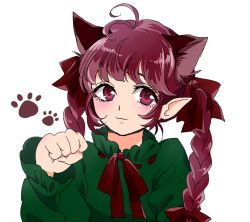 Rule 34 | 1girl, :3, animal ears, bow, braid, cat ears, dress, extra ears, green dress, hair bow, kaenbyou rin, light smile, looking at viewer, maruta (shummylass), paw pose, paw print, pointy ears, red eyes, red hair, simple background, solo, touhou, twin braids, upper body, white background
