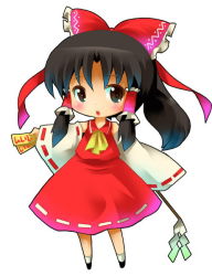 Rule 34 | 1girl, :o, ascot, bare shoulders, blush, brown eyes, brown hair, chibi, detached sleeves, dress, dual wielding, female focus, hakurei reimu, holding, long sleeves, looking at viewer, michii yuuki, ofuda, outstretched arms, parted lips, red dress, sidelocks, simple background, solo, tareme, touhou, white background