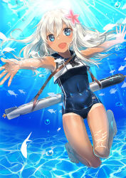 Rule 34 | 10s, 1girl, :d, bad id, bad pixiv id, barefoot, blue eyes, blush, covered navel, crop top, fish, flower, hair flower, hair ornament, kantai collection, long hair, looking at viewer, one-piece swimsuit, open mouth, outstretched arms, ro-500 (kancolle), sailor collar, sakuyosi, school swimsuit, school uniform, serafuku, smile, solo, swimsuit, swimsuit under clothes, tan, tanline, underwater, white hair