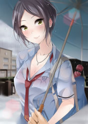 Rule 34 | 10s, 1boy, 1girl, :&gt;, bad id, bad pixiv id, bag, black hair, blush, bra visible through clothes, breasts, cleavage, closed mouth, closed umbrella, collarbone, hayami kanade, hexagon, highres, holding, holding umbrella, idolmaster, idolmaster cinderella girls, lens flare, looking at viewer, medium breasts, murabito c, necktie, out of frame, outdoors, pov, rain, red necktie, school bag, school uniform, see-through, short hair, shoulder bag, smile, solo focus, umbrella, upper body, wet, yellow eyes