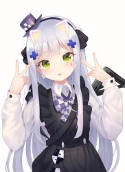Rule 34 | 1girl, apron, assault rifle, bad id, bad pixiv id, black apron, black hairband, black ribbon, blush, bow, checkered bow, checkered clothes, commentary, double v, drawn whiskers, face filter, facial mark, frilled apron, frills, girls&#039; frontline, green eyes, gun, h&amp;k hk416, hair ornament, hair ribbon, hairband, hands up, hat, head tilt, heckler &amp; koch, hk416 (black kitty&#039;s gift) (girls&#039; frontline), hk416 (girls&#039; frontline), long sleeves, mini hat, official alternate costume, parted lips, purple headwear, ribbon, rifle, shirt, simple background, sleeves past wrists, solo, symbol-only commentary, tilted headwear, two side up, v, weapon, weapon on back, whiskers, white background, white shirt, zain (jiha3905)