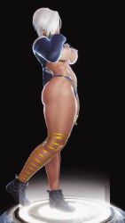 Rule 34 | 1girl, 3d, angel (kof), animated, artist request, ass, back tattoo, blue eyes, breasts, butt crack, cleavage, collarbone, curvy, fingerless gloves, full body, gloves, hair over one eye, highleg, highleg panties, highres, large breasts, lips, long sleeves, looking at viewer, navel, o-ring, o-ring bottom, o-ring panties, panties, perspective, revealing clothes, revision, short hair, silver hair, skindentation, sleeves rolled up, snk, solo, tattoo, the king of fighters, thong, tramp stamp, underwear, video, wide hips