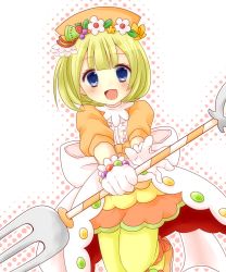 Rule 34 | 1girl, :d, blonde hair, blue eyes, bow, food, fork, frills, fruit, fruitina, gloves, halftone, hat, kiwi (fruit), nabe0507, open mouth, orange hat, outline, pantyhose, puyopuyo, puyopuyo quest, short hair, skirt, smile, solo, staff, strawberry, yellow pantyhose