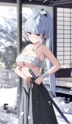 Rule 34 | 1girl, adjusting skirt, ayaka (genshin impact), bandaged arm, bandages, black skirt, blue eyes, blunt bangs, bow, breasts, bug, butterfly, chest sarashi, closed mouth, commentary, cowboy shot, dojo, genshin impact, hair bow, hair ribbon, high ponytail, highres, holding, holding sword, holding weapon, indoors, insect, interior, jewelry, large breasts, light blush, long hair, long skirt, looking down, mole, mole under eye, necklace, no shirt, red ribbon, ribbon, sarashi, sidelocks, skirt, snow, solo, standing, sword, symbol-only commentary, weapon, white butterfly, white hair, winter, yeni1871