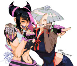 Rule 34 | a.k.i. (street fighter), absurdres, arm around shoulder, black hair, bracelet, china dress, chinese clothes, claw (weapon), dress, earrings, grey hair, hair horns, hair over one eye, han juri, highres, jewelry, laughing, laughing girls (meme), meme, multicolored hair, navel, relusionh, spiked bracelet, spikes, stomach, streaked hair, street fighter, street fighter 6, tassel, tassel earrings, upper body, weapon