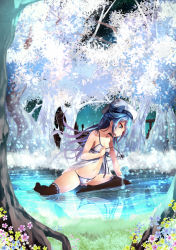 Rule 34 | 1girl, bad id, bad pixiv id, bare shoulders, black thighhighs, blue eyes, blue hair, bow, braid, camisole, female focus, flower, forest, hat, hat bow, highres, lee-chan (saraki), lee (saraki), long hair, looking down, matching hair/eyes, nature, navel, no shoes, open mouth, original, outdoors, panties, partially submerged, plant, reflection, ripples, rose, saraki, sidelocks, solo, strap slip, thighhighs, tree, underwear, water, white panties