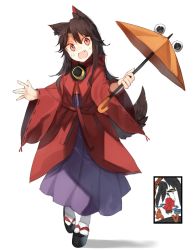 Rule 34 | 1girl, alternate costume, animal ears, bad id, bad pixiv id, black footwear, blush, brown hair, brown umbrella, commentary request, fang, full body, geta, hair between eyes, head tilt, highres, holding, holding umbrella, imaizumi kagerou, long hair, long skirt, long sleeves, looking at viewer, open mouth, purple skirt, pyonta, red eyes, red robe, ribbon-trimmed sleeves, ribbon trim, robe, sidelocks, simple background, skirt, socks, solo, standing, suminagashi, tail, touhou, umbrella, white background, white socks, wide sleeves, wolf ears, wolf tail
