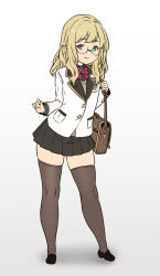 Rule 34 | 1girl, bag, black footwear, black skirt, blazer, blonde hair, bow, bowtie, brown thighhighs, buttons, closed mouth, elf, glasses, green eyes, grey background, highres, houtengeki, jacket, loafers, long hair, long sleeves, original, pleated skirt, pointy ears, red bow, red bowtie, rimless eyewear, school bag, shoes, simple background, skirt, smile, solo, standing, thighhighs, white jacket, zettai ryouiki