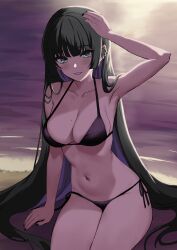 Rule 34 | 1girl, absurdres, bikini, black hair, black nails, bocchi the rock!, breasts, colored inner hair, green eyes, highres, kinomiki, large breasts, lip piercing, long hair, looking at viewer, mole, mole on breast, multicolored hair, nail polish, navel piercing, pa-san, piercing, purple hair, solo, swimsuit, upper body, very long hair
