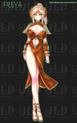 Rule 34 | 1girl, blonde hair, breasts, double bun, dress, drill hair, covered erect nipples, freya (warcraft), green eyes, huge breasts, jewelry, legs, nefarian, nipples, no panties, personification, ponytail, sandals, narrow waist, solo, tiara, warcraft, world of warcraft, wristband
