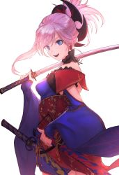 Rule 34 | 1girl, blue eyes, blue kimono, breasts, commentary request, earrings, fate/grand order, fate (series), hair ornament, highres, holding, holding sword, holding weapon, japanese clothes, jewelry, katana, kimono, long hair, looking at viewer, medium breasts, miyamoto musashi (fate), miyamoto musashi (third ascension) (fate), obi, otsukemono, pink hair, ponytail, sash, sheath, sheathed, simple background, single sidelock, smile, solo, swept bangs, sword, teeth, upper teeth only, weapon, white background