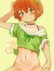 Rule 34 | 1boy, black choker, blush, bottomless, bow, bra strap, choker, cowboy shot, cropped shirt, green background, green bow, green eyes, green shirt, green theme, grey sailor collar, hair bow, hand up, looking at viewer, male focus, mars symbol, navel, nise (basilsis), one-piece tan, orange hair, original, out-of-frame censoring, parted lips, sailor collar, shirt, topless male, short hair, short sleeves, simple background, solo, stomach, tan, tanline, trap