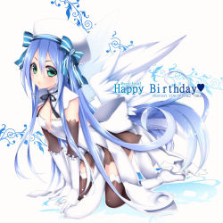 Rule 34 | 1girl, :o, all fours, aqua eyes, bad id, bad pixiv id, black ribbon, black thighhighs, blue bow, blue eyes, blue hair, blush, bow, breasts, company name, copyright name, cross-laced clothes, dress, feathered wings, full body, gloves, hair between eyes, happy birthday, hat, high heels, highres, long hair, looking at viewer, matching hair/eyes, neck ribbon, patterned background, phantasy star, phantasy star online 2, ribbon, sega, shoes, small breasts, solo, striped, thighhighs, very long hair, white footwear, white gloves, white hat, white wings, wings, yutazou