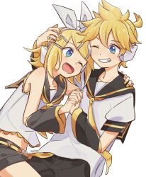 Rule 34 | 1boy, 1girl, ;d, aqua eyes, black pants, blonde hair, brother and sister, collared shirt, detached sleeves, fang, head grab, headphones, highres, holding hands, kagamine len, kagamine rin, looking at another, m0ti, midriff, necktie, one eye closed, open mouth, pants, sailor collar, shirt, short hair, short sleeves, siblings, signature, simple background, sleeveless, smile, teeth, twins, vocaloid, white background, yellow nails, yellow necktie
