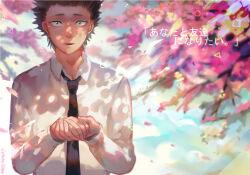 Rule 34 | 1boy, :d, black eyes, black hair, black necktie, blurry, blurry background, branch, cherry blossoms, christon-clivef, collared shirt, commentary, english commentary, ishida shouya, koe no katachi, looking at viewer, male focus, necktie, open mouth, school uniform, shaded face, shadow, shirt, short hair, smile, solo, spiked hair, white shirt