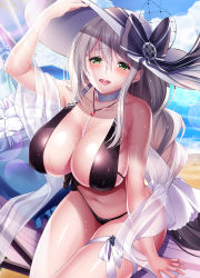 Rule 34 | 1girl, aquila (azur lane), azur lane, bare arms, beach, bikini, black bikini, blue sky, braid, breasts, choker, cleavage, cloud, collarbone, commentary request, covered erect nipples, day, green eyes, hair ornament, hair ribbon, hat, highres, jewelry, large breasts, lens flare, long hair, mountainous horizon, navel, necklace, ocean, official alternate costume, open mouth, outdoors, ribbon, silver hair, sitting, sky, smile, solo, sun hat, swimsuit, teeth, thigh strap, thighs, wet, yuuzuki hijiri