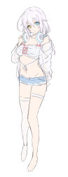 Rule 34 | 1girl, absurdres, arm at side, arm up, asagi shiki, bare legs, bare shoulders, barefoot, blue eyes, blue hair, bow, breasts, cleavage, collarbone, crop top, denim, denim shorts, full body, hair between eyes, headphones, headphones around neck, heterochromia, highres, indie virtual youtuber, jacket, large breasts, light blue hair, long hair, looking at viewer, midriff, mimoza (96mimo414), mole, mole under eye, navel, off shoulder, open fly, parted lips, pink bow, shirt, short shorts, shorts, simple background, single thighhigh, sketch, solo, standing, thigh strap, thighhighs, unbuttoned, virtual youtuber, white background, white jacket, white shirt, white thighhighs, yellow eyes